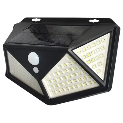 A black and white solar-powered LED light with a motion sensor.
