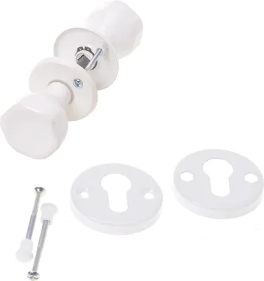 A white door knob set with accompanying hardware, including two keyhole escutcheons and two screws, laid out against a white background.