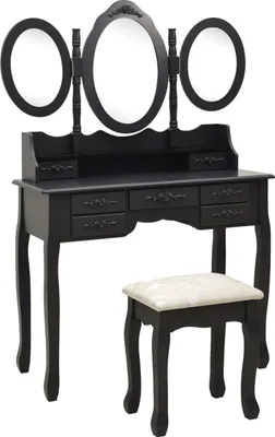 A black vanity table with a tri-fold mirror and a matching stool with a cream-colored cushion, set against a white background.