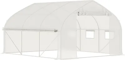 Image de Outsunny Serre de jardin tunnel, 10,4 m², serre de jardin, anti-UV, porte zippée enroulable, fenêtres en maille, tube d'acier galvanisé et PE 140g/㎡, 350 x 300 x 200 cm, blanc