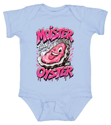 Productafbeelding van Moister Than An Oyster: Grappige zeemeermin, meer, roze. Statement babybody, lichtblauw, maat 12/18