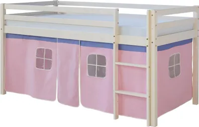 Image de Lits superposé 90x200 cm avec Sommier à lattes Lit mezzanine en Bois Pin Massif Rideau Rose