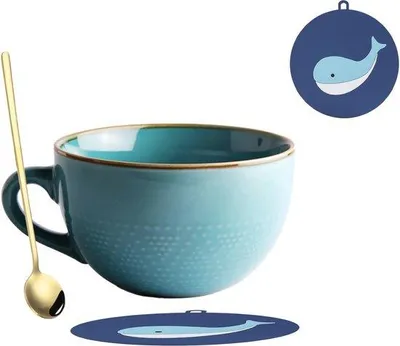 Immagine prodotto di Tazza da caffè grande in Vetroceramica con cucchiaino e piattino - Tazza da zuppa multifunzionale da 700 ml per caffè, tè, cereali e altro ancora