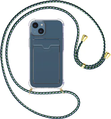 Produktbild von Handykette Backcover-Schutzhülle mit Band (Metall goldfarben) für Apple iPhone 15 - grün/blau/weiß