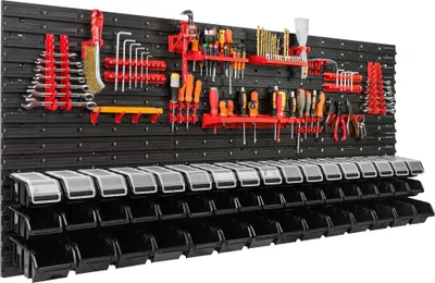 Immagine prodotto di 48 scatole impilabili scaffale a parete coperchio in plastica 172 x 78 cm portautensili sistema di archiviazione per officina garage scivolo aperto frontale scatole di archiviazione