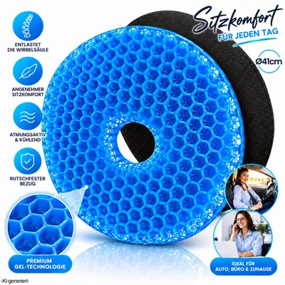 Produktbild von Gelkissen mit kühlender Gel-Schicht, Donut-Kissen für Steißbeinschmerzen, Autokissen, Sitzkissen, orthopädisch, Gesäßkissen für Hämorrhoiden