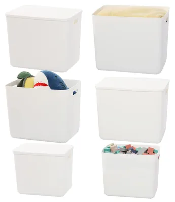 Produktbild von Set mit 6 großen weißen Aufbewahrungsboxen/Körben aus Kunststoff, Spielzeugkiste mit Deckel und Griff, Organizer für