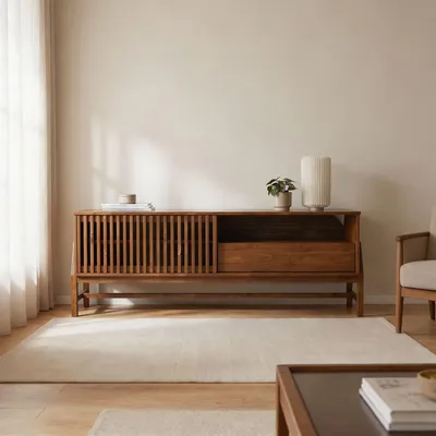 Produktbild von ADAMO Lowboard 145 cm aus Massivholz, Kastanie Finish - TV Lowboard mit Lamellen-Schiebetür, Wohnzimmermöbel mit Stauraum, Wohnzimmer Sideboard, TV Schrank mit Schublade und offenes Fach