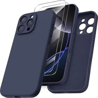 Produktbild von ORNARTO iPhone 16 Pro Max Hülle mit Kameraschutz und Schutzfolien, flüssiges Silikon - Mittnachtsblau