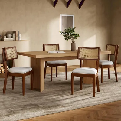 Image de Flieks Rattan Chaise de salle à manger Chaise de cuisine 4 pièces, Chaise de salon en rotin avec coussin en lin, 50x58x88cm, couleur noyer