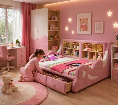 Image de Lit pour enfant Rosa avec étagères et tiroirs, idéal pour une chambre de fille
