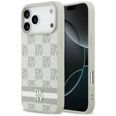 Zdjęcie produktu dla Etui iPhone 17 Pro Max DKNY sztuczna skóra beżowe logo metal srebrny