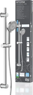 A shower set and its packaging are displayed against a white and light gray background.
