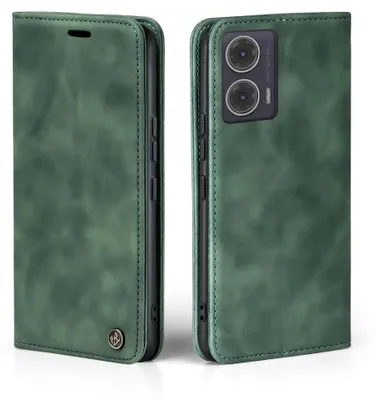 A green flip case for a smartphone is shown from two angles.