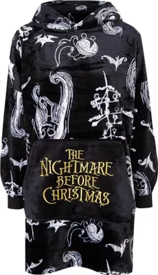 A black hoodie with a "The Nightmare Before Christmas" print and a sherpa lining.
