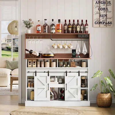 Produktbild von Sideboard mit Gläserhalter und Steckdosen Kaffeebartisch Buffet Aufbewahrungsschrank für Küche Wohnzimmer 120x40x130cm