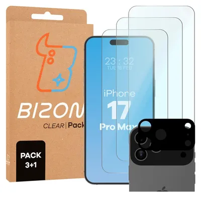 A product shot of screen protectors and a camera protector for an iPhone 17 Pro Max, along with its packaging.