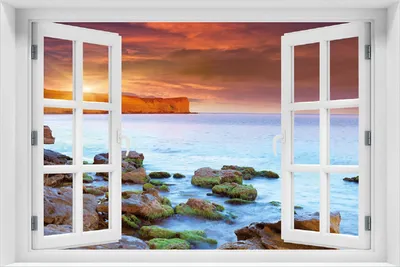 Produktbild von Wallario Poster mit Fenster-Illusion: Sonnenaufgang am Meer mit Landzunge und Felsen im Wasser, Größe: 100 x 150 cm