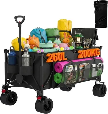 Produktbild von 260L Bollerwagen Faltbar, Faltbarer Bollerwagen Tragkraft 200 kg, mit Bremse, Verstellbarem Griff, Einkaufstrolley klappbar mit 3 Staufächern, für Strand Camping Einkauf, Schwarz