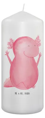 Produktbild von Mr. & Mrs. Panda Kerze Axolotl Hurra 19 x 8 cm - Weiß - Geschenk, Spaß, Schwanzlurch, Blockkerze, Lurch, Stumpenkerze, Erinnerungskerze, Wachskerze, Motivation