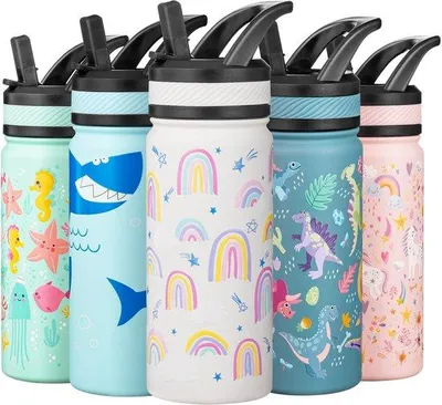Obrázok produktu pre Detská fľaša na pitie 550 ml, z nehrdzavejúcej ocele, nepretekajúca, bez BPA, so slamkou, do školy, pre predškolákov, (biela)
