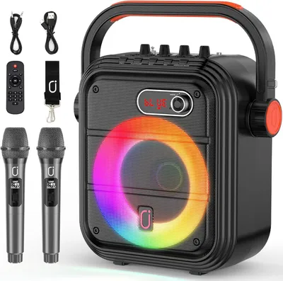 Produktbild von Karaoke Maschine mit 2 Kabellosen Mikrofonen Bluetooth Lautsprecher RGB Licht TWS USB TF AUX FM Aufnahme Tragbare Karaoke Anlage