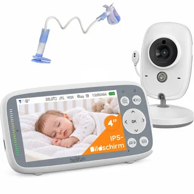 Productafbeelding van BOIFUN Babyfoon met camera, 4 inch scherm. Geen Wi-Fi. Inclusief babyfoonhouder. Nachtzichtfunctie. Geluidsdetectie. Eenvoudig te bedienen. Twee-weg audio. VOX-functie. 3x zoom. 4 camera-aansluitingen