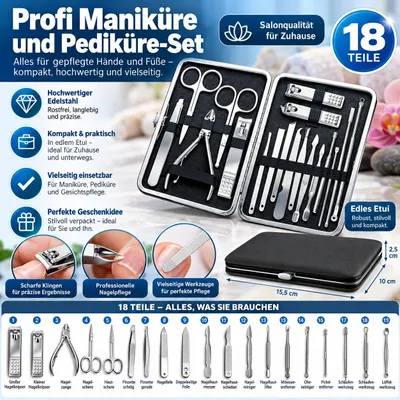 Produktbild von Profi Maniküre- und Pediküre-Set – 18-teilig mit edlem Etui