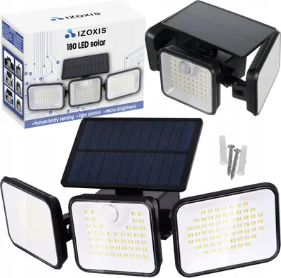 A product shot of a solar-powered LED lamp with its packaging and accessories.