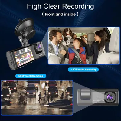 Zdjęcie produktu dla Kamera samochodowa 1080p z rejestratorem DVR: kamera przednia, wewnętrzna i tylna; rejestrator jazdy z 2-calowym ekranem; obsługa trybu noktowizyjnego; nagrywanie w pętli; blokada jednym przyciskiem