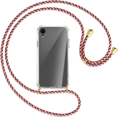 Produktbild von Handykette Backcover-Schutzhülle mit Band (Metall goldfarben) für Apple iPhone XR - weinrot/gelb/grau