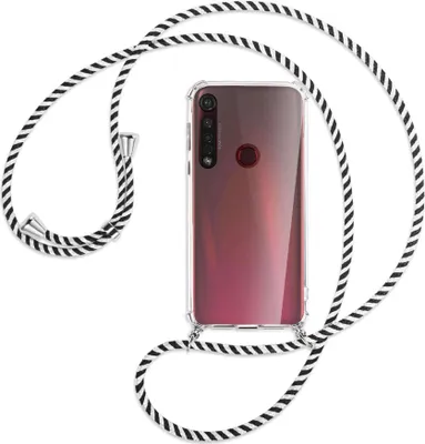 Produktbild von Handykette Backcover-Schutzhülle mit Band (Metall silberfarben) für Motorola Moto G8 Plus - schwarz/weiß gestreift