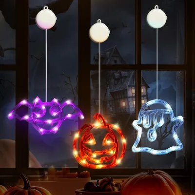 3er-Set Halloween-Fensterleuchten: Kürbis, Fledermaus, Geist