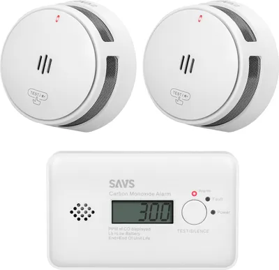 Produktbild von SAVS Brandschutzset - 2 Rauchmelder und 1 Kohlenmonoxidmelder - 10 Jahre Batterie - Brandalarm und CO-Melder - Entspricht der europäischen Norm