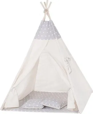 Produktbild von Tipi-Zelt Wigwam beige mit grauem Sternenmotiv aus 100 % Baumwolle H160xB120xT100 cm, inklusive 2 Kissen