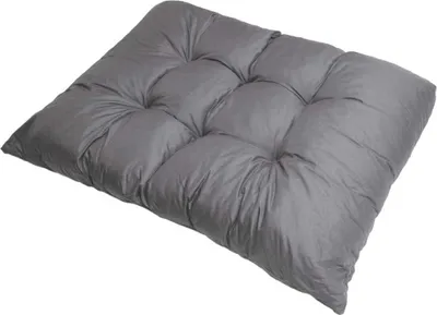 A gray tufted cushion is shown on a white background.