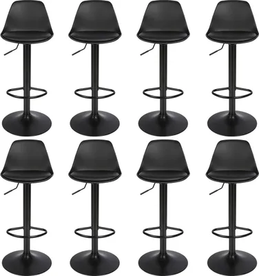 A set of eight black bar stools arranged in two rows of four.