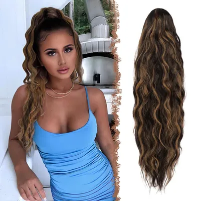 Produktbild von Haarextension Pferdeschwanz Zopf Kordelzug Wellig Lockig Synthetik 65cm Schwarz Braun Blond