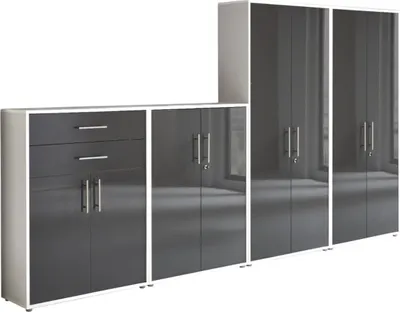 Produktbild von Aktenschrank TABOR 56 in weiß / anthrazit Hochglanz, Schrankwand, Büroschrank, abschließbar, Metallgriffe