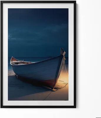 Produktbild von Boot auf einer Strandbirke bei Nacht– Wandbild mit Rahmen – Gerahmtes Bild  – Wanddekoration – 70x100 cm –  Schwarz Rahmen