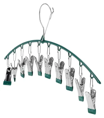 Produktbild von Edelstahl Sockenhalter mit Clips für das Trocknen von Socken und Unterwäsche, platzsparender und winddichter gebogener Wäscheständer