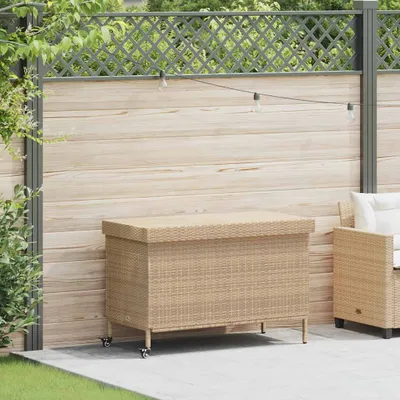Produktbild von vidaXL Zahradní truhla na kolečkách béžová 110x55x73 cm Poly ratan