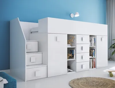 Produktbild von Hochbett Etagenbett weiß hochglanz mit Schreibtisch Schrank Regalen und Treppe links TELLY 3 weiß