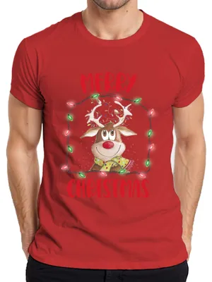 Zdjęcie produktu dla Merry Christmas Reindeer Fairy Lights - Koszulka męska Christmas Gift, Czerwony, 3XL