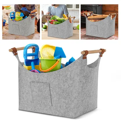 Produktbild von Vigevee Holzkorb für Kaminholz, faltbarer Filzkorb Hellgrau, 57 L, 3mm Materialstärke, Holzgriffe und 2 Seitentaschen
