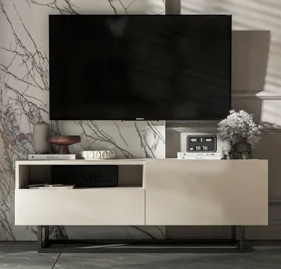 Produktbild von Loft TV-Schrank TV-Lowboard Enjoy Schublade Schwarze Metall Fußgestell Modern Lindner Möbel  120cm x 46cm x 35cm, Farbe: Kaschmir matt