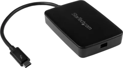 A black Thunderbolt 3 adapter with a connected cable and USB-C connector.