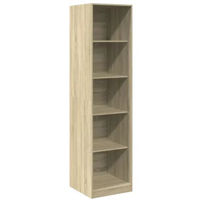 A tall, narrow, five-shelf bookcase made of wood-look material.