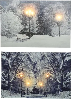 A collage of two images showing a winter park scene at night with illuminated lamps and snow-covered trees and a bench.