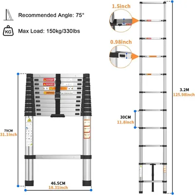 Immagine prodotto di Scala telescopica - Scala a estensione lineare, altezza 3,2 metri / 10,5 piedi - Acciaio inossidabile - Scala pieghevole per uso professionale e domestico - Portatile